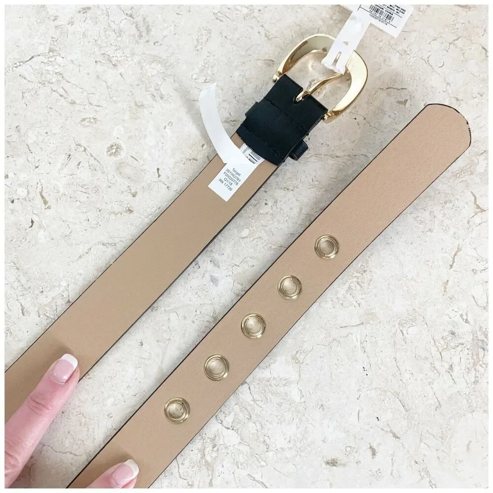 A New Day M Black Belt NEW Faux Vegan Leather Gold Buckle + Grommets Punk Edgy